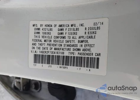 2014 Honda Accord Ex из США, поврежденный, VIN 1HGCR2F70EA163186